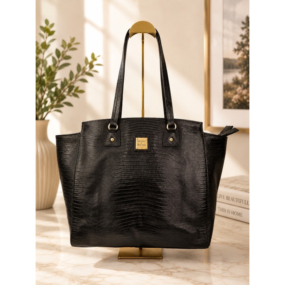 Dooney & Bourke Black Lizard Embossed Leather Tote Bag Gold Hardware K9621927